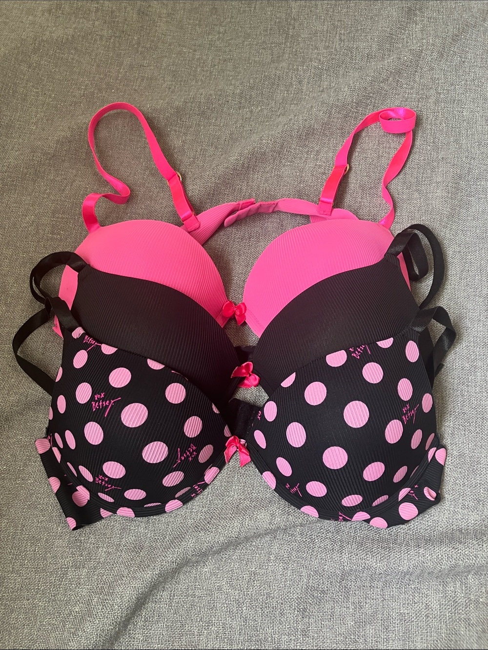Betsey Johnson Hot Pink, Black , &Polka Dot Push-Up Bra (3) Size 38B